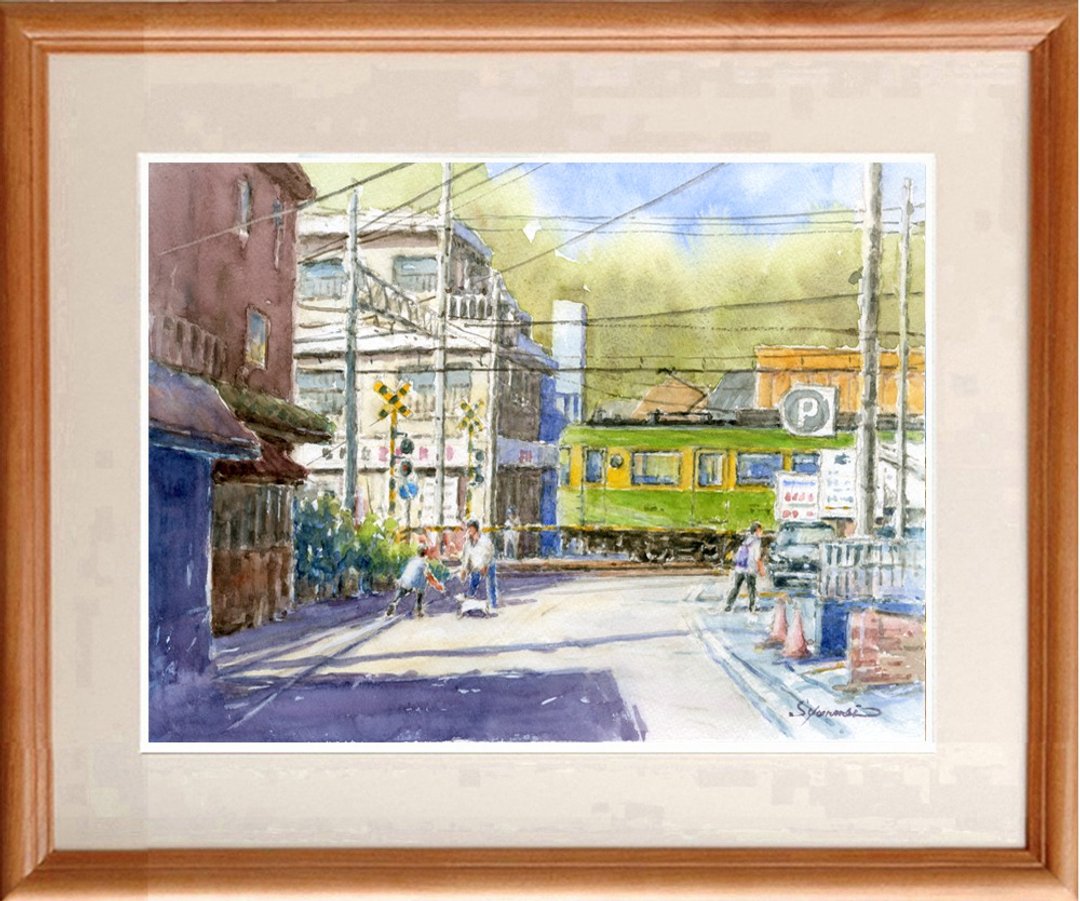 Original watercolor painting Enoden Inamuragasaki station railroad crossing scenery - 海报/装饰画/版画 - 纸 绿色