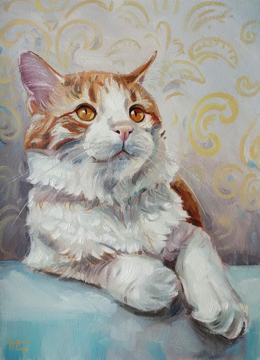 原创油画 白色和红色的毛茸茸的猫 印象派 手绘 - 海报/装饰画/版画 - 纸 多色