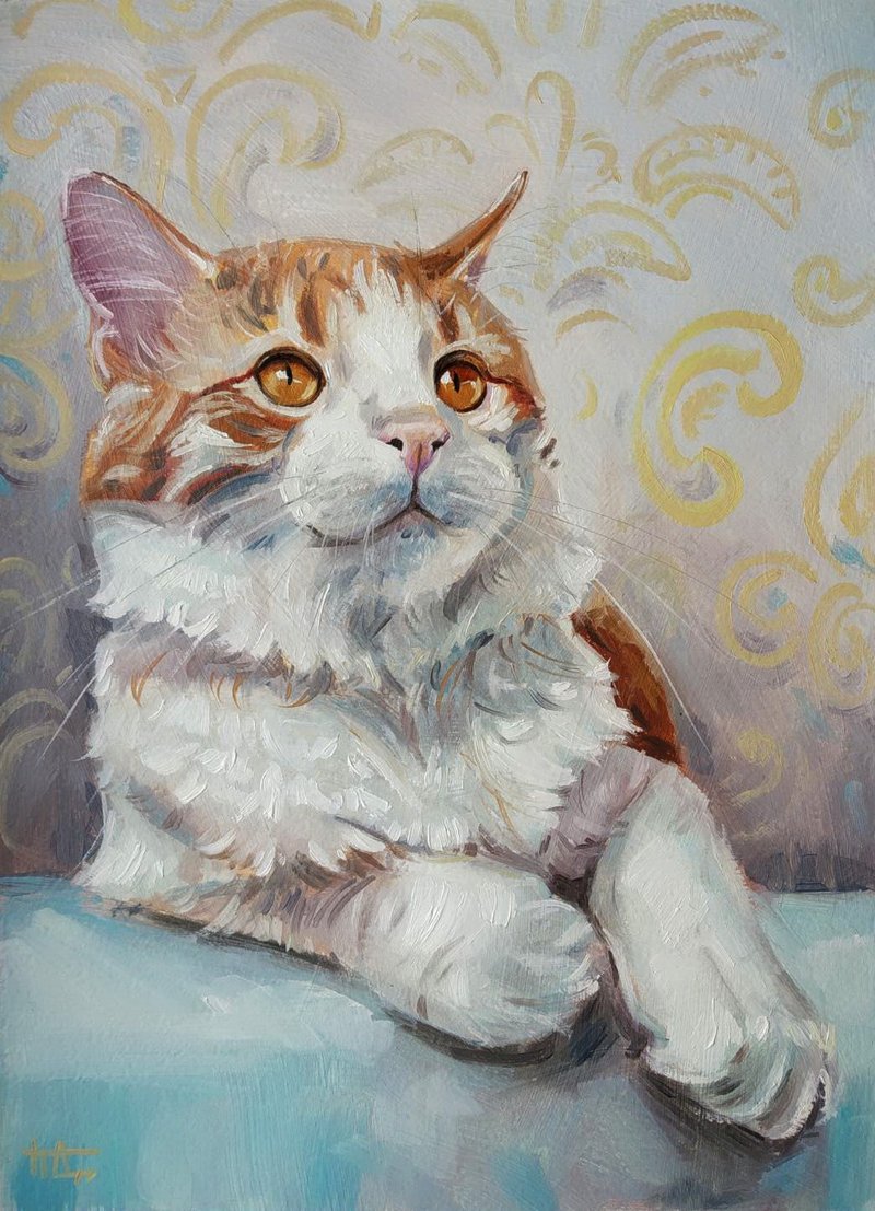 原创油画 白色和红色的毛茸茸的猫 印象派 手绘 - 海报/装饰画/版画 - 纸 多色