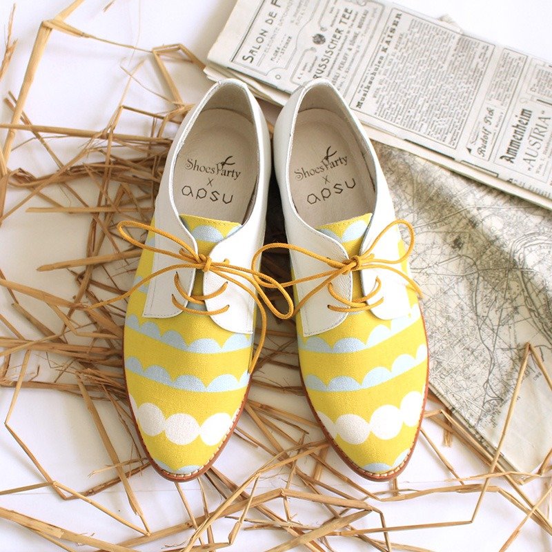 Shoes Party 黄泡泡X白帅帅 拼布德比鞋/女鞋/手工订制/日本布料/M2-17903F - 女款休闲鞋 - 棉．麻 黄色