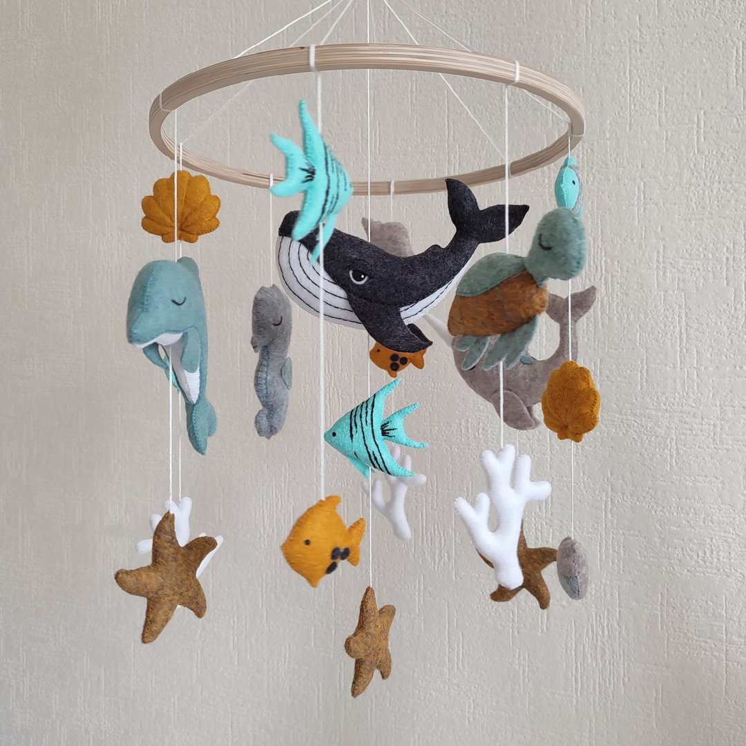 Ocean baby mobile with whale, nautical nursery decor, sealife crib mobile - 玩具/玩偶 - 环保材料 蓝色