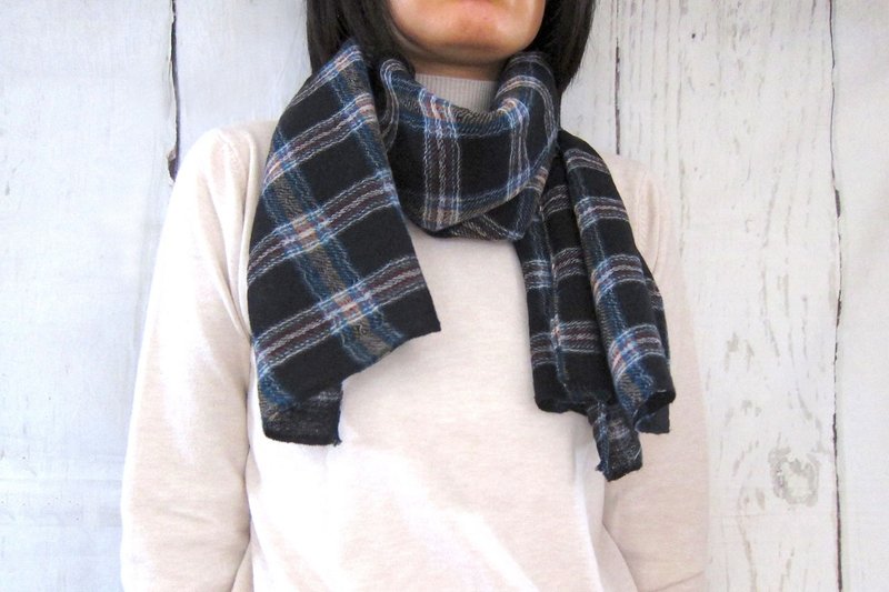 尾州织格纹羊毛纱迷你围巾 黑色 - 围巾/披肩 - 羊毛 黑色