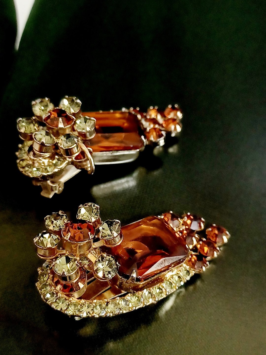 vintage jewelry  古典华丽宴会风棕色莱茵 夹式耳环 - 耳环/耳夹 - 其他金属 
