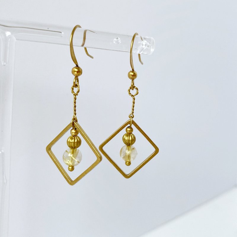 古典。天然金发晶 水晶 黄铜耳勾 可改夹式 手工耳环 招正财 好运 - 耳环/耳夹 - 铜/黄铜 金色