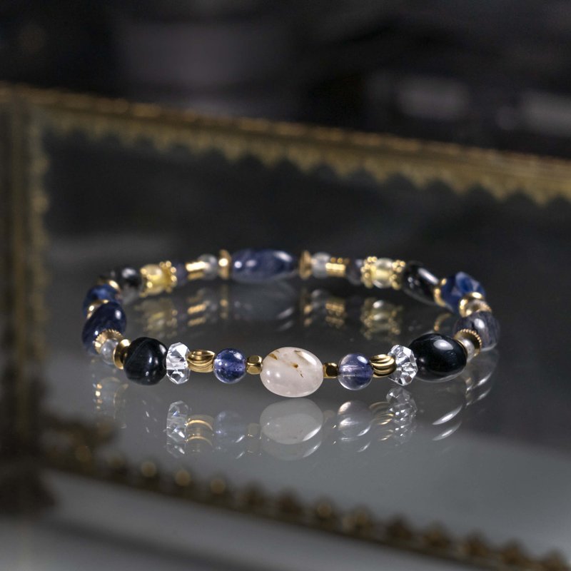海上灯塔 / 天然石手链 蓝纹石 拉长石 蓝虎眼 堇青 黑发晶白水晶 - 手链/手环 - 水晶 蓝色
