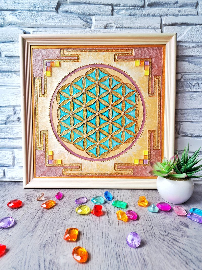 彩色玻璃漆Yantra生命之花吠陀占星术曼陀罗艺术Vastu - 墙贴/壁贴 - 玻璃 金色