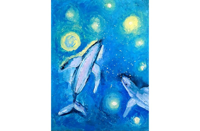 Whale Original Oil Painting, Sea Animal Wall Art, Galaxy Night Sky Artwork - 海报/装饰画/版画 - 其他材质 蓝色