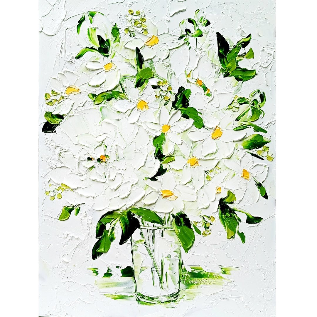 抽象牡丹花卉画花瓶中的白色雏菊 16 x 12 - 墙贴/壁贴 - 其他材质 白色