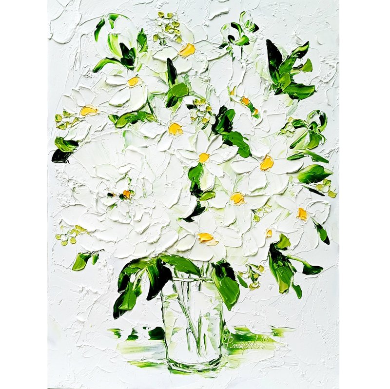 抽象牡丹花卉画花瓶中的白色雏菊 16 x 12 - 墙贴/壁贴 - 其他材质 白色