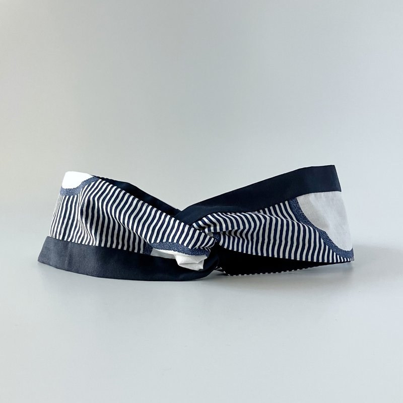现货 深蓝横条纹 大圈圈 日本布 手工发带 交叉发带 纯棉 透气 - 发饰 - 棉．麻 蓝色