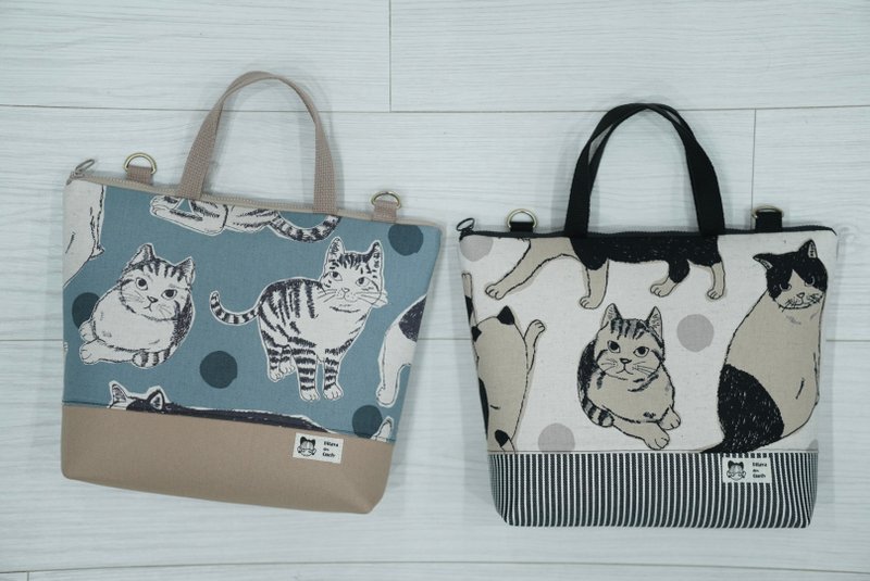 两用公文包 手提 + 斜背侧背包 素描风大猫 麻布白/ 湖水绿 - 侧背包/斜挎包 - 棉．麻 白色