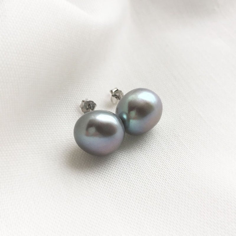 11mm Freshwater Grey Silver color button round Big Pearl Stud Earrings - 耳环/耳夹 - 珍珠 灰色