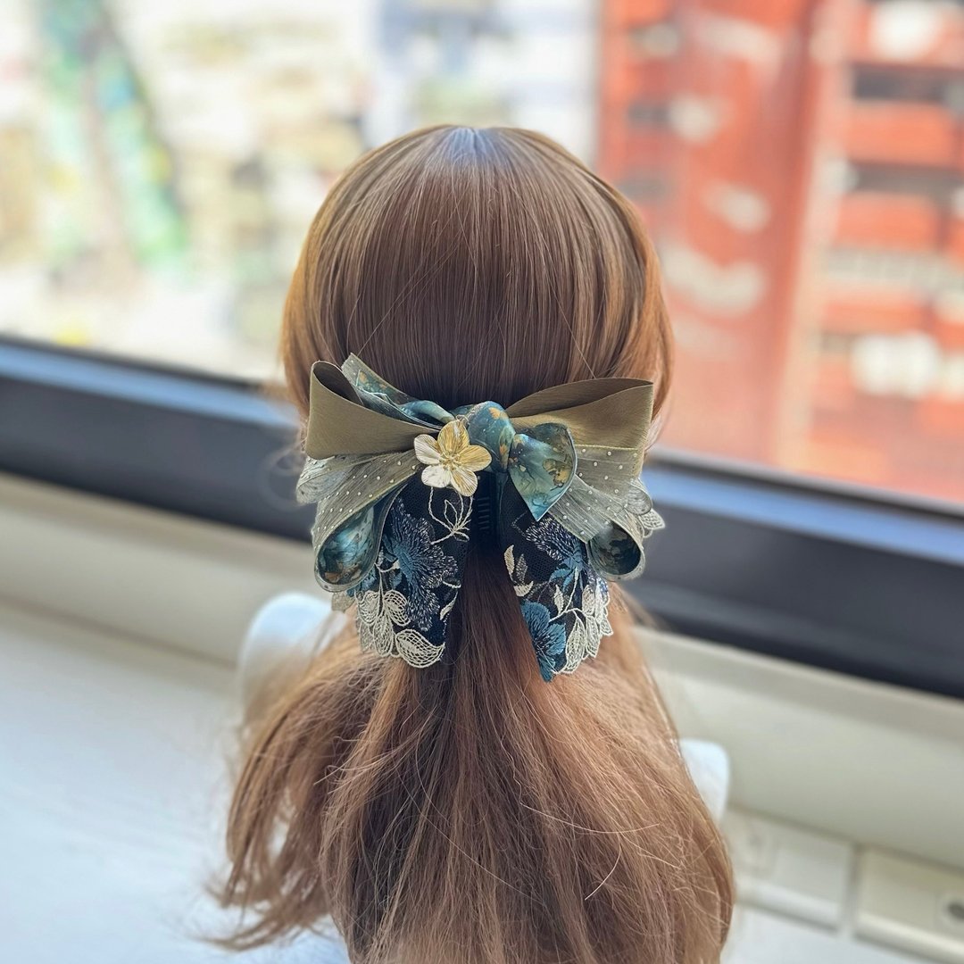 银色点点纱蕾丝蝴蝶结相交夹香蕉夹仙女夹发夹-橄榄绿 - 发饰 - 其他材质 绿色