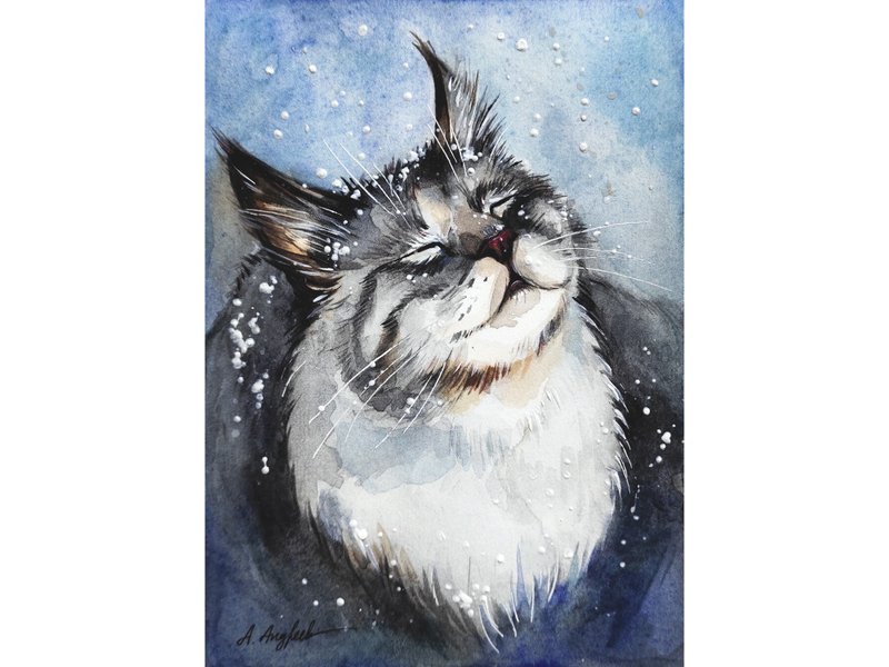 Cat Painting Pet Original Art Animal Artwork Watercolor Painting Kitty Wall Art - 海报/装饰画/版画 - 纸 蓝色
