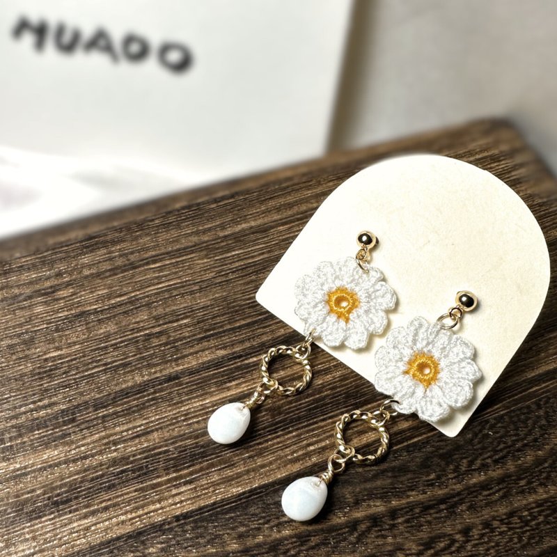【原创手作】晨露花语 耳环 耳针 耳夹 雏菊 钩针 微钩 花朵 花 - 耳环/耳夹 - 棉．麻 白色