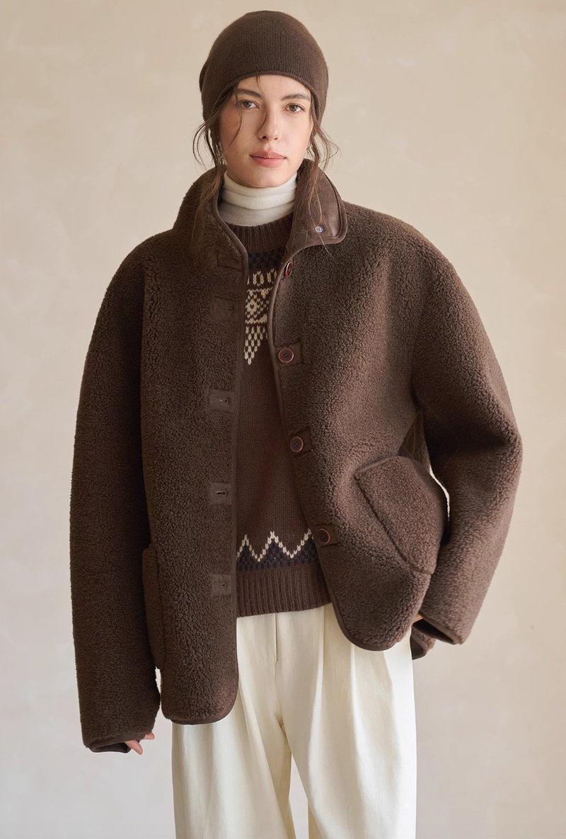 法式极简 环保皮草保暖上衣 巴恩风麂皮大衣外套 - 女装上衣 - 其他材质 咖啡色