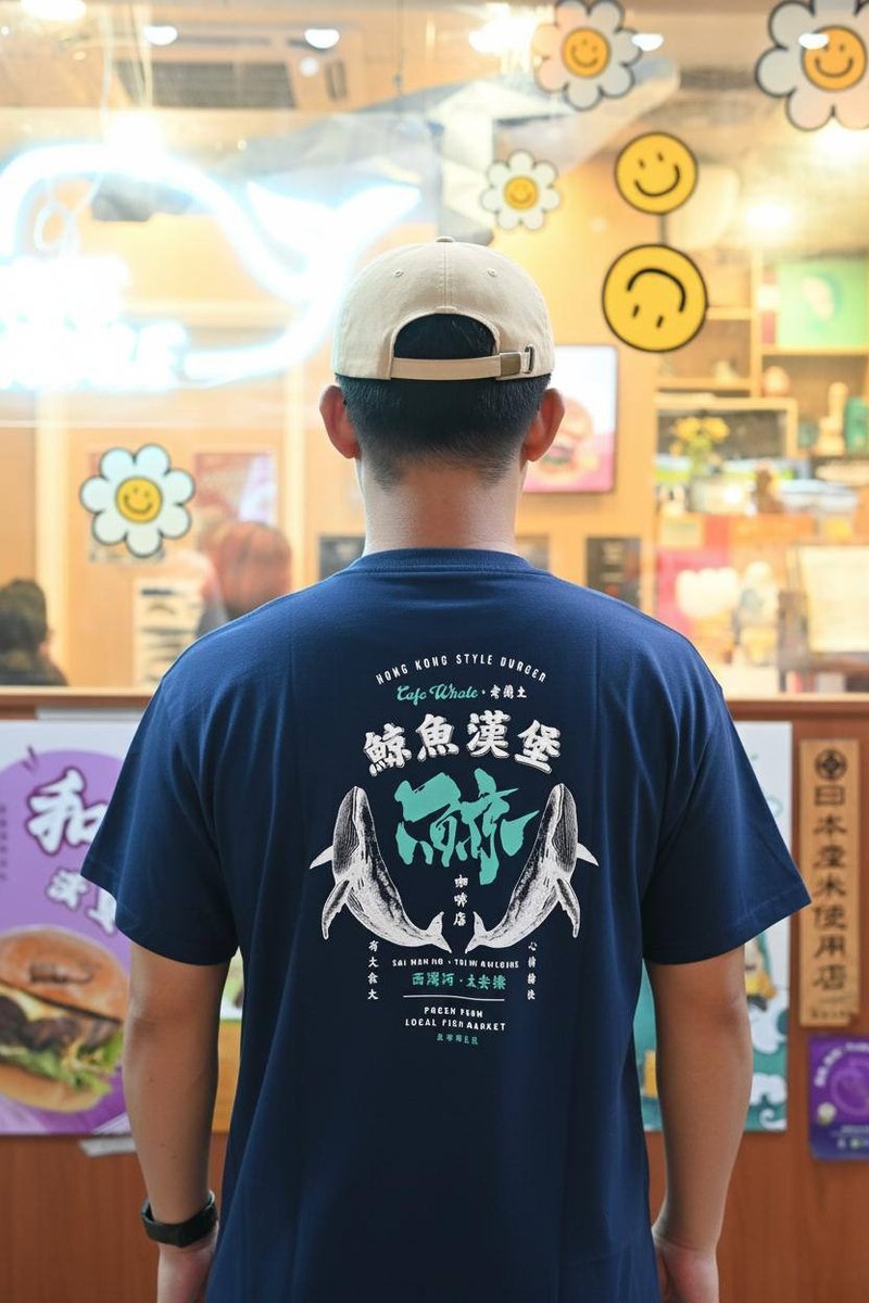 老兰土 x 鲸鱼汉堡 深蓝色 短袖 Tee (成人/中性) - 中性连帽卫衣/T 恤 - 棉．麻 蓝色