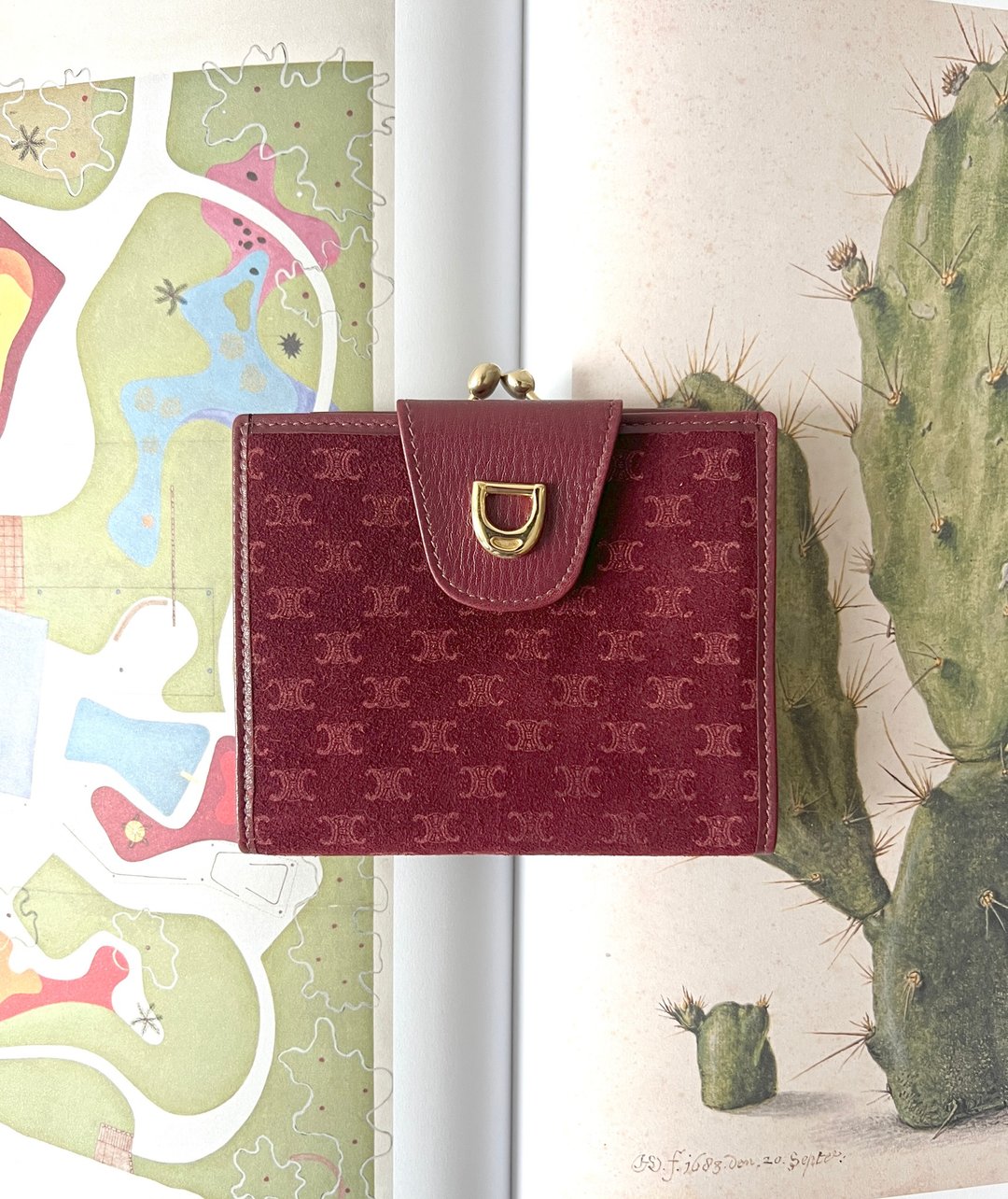 Celine Triomphe wallet 稀有中古樱桃暗红色猄皮皮革短夹钱包 - 皮夹/钱包 - 真皮 红色