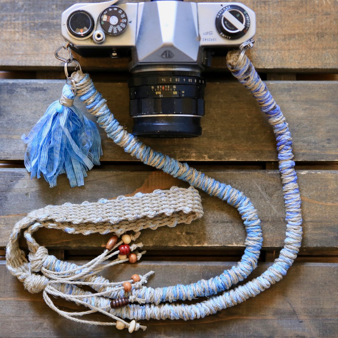 Tape yarn hemp string hemp camera strap blue / double ring - 相机背带/脚架 - 棉 蓝色