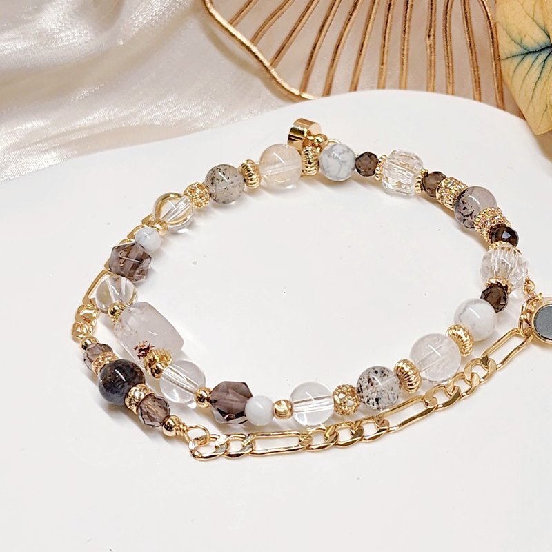 静稳光盾。闪灵钻 白水晶 冰曜石 白松石 金草莓 黑骨干 手串 - 手链/手环 - 水晶 白色