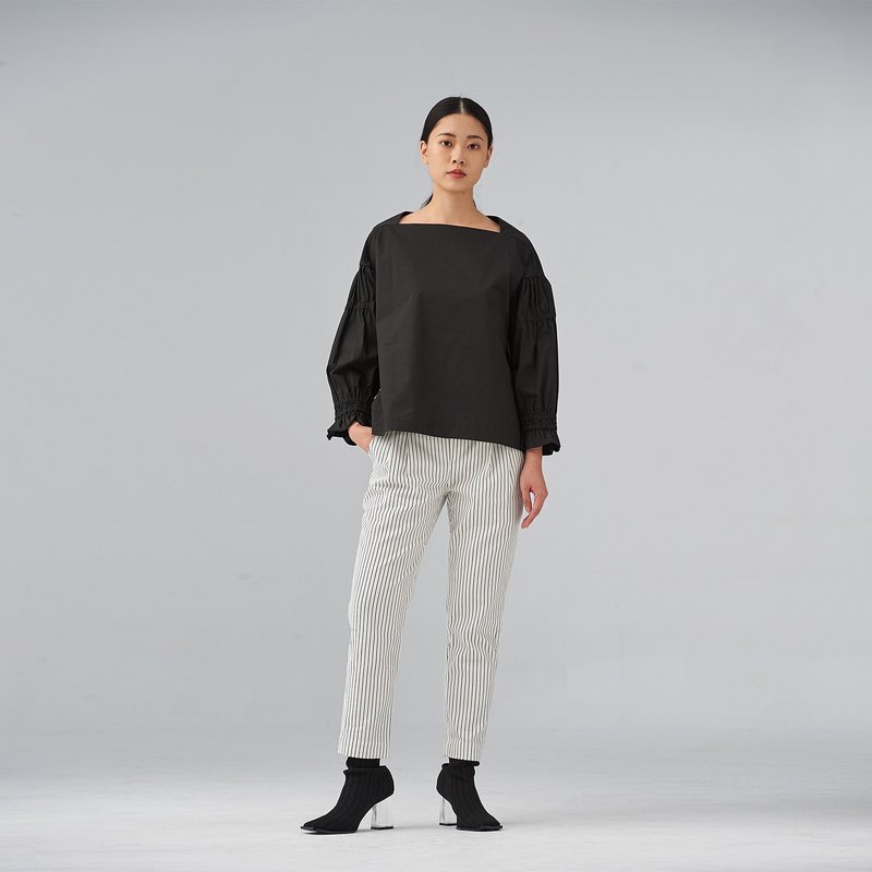 黑色抽褶细节平口上衣 - 女装上衣 - 棉．麻 黑色