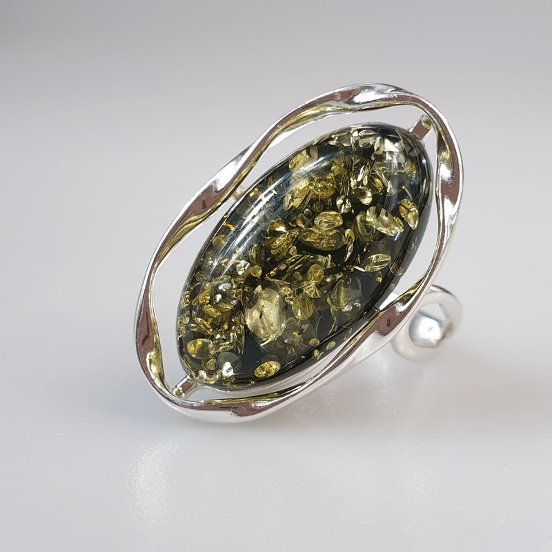 可调式绿色波罗的海琥珀戒指，纯银 925，精巧礼品 - 戒指 - 银 绿色