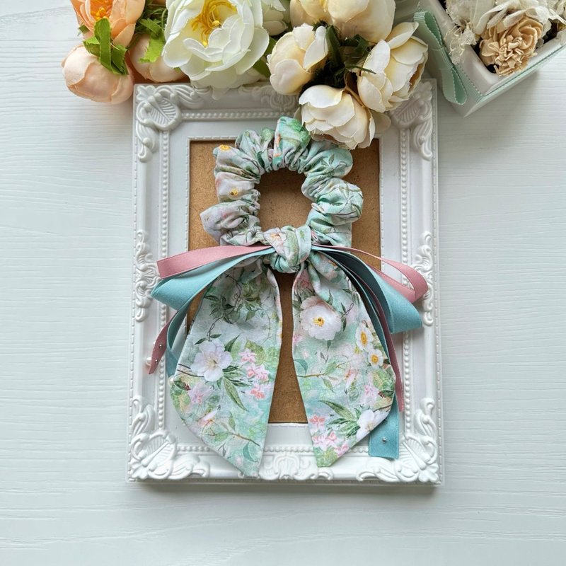 棉布长尾蝴蝶结发圈大肠圈发饰-浅薄荷底小花 - 发饰 - 其他材质 绿色