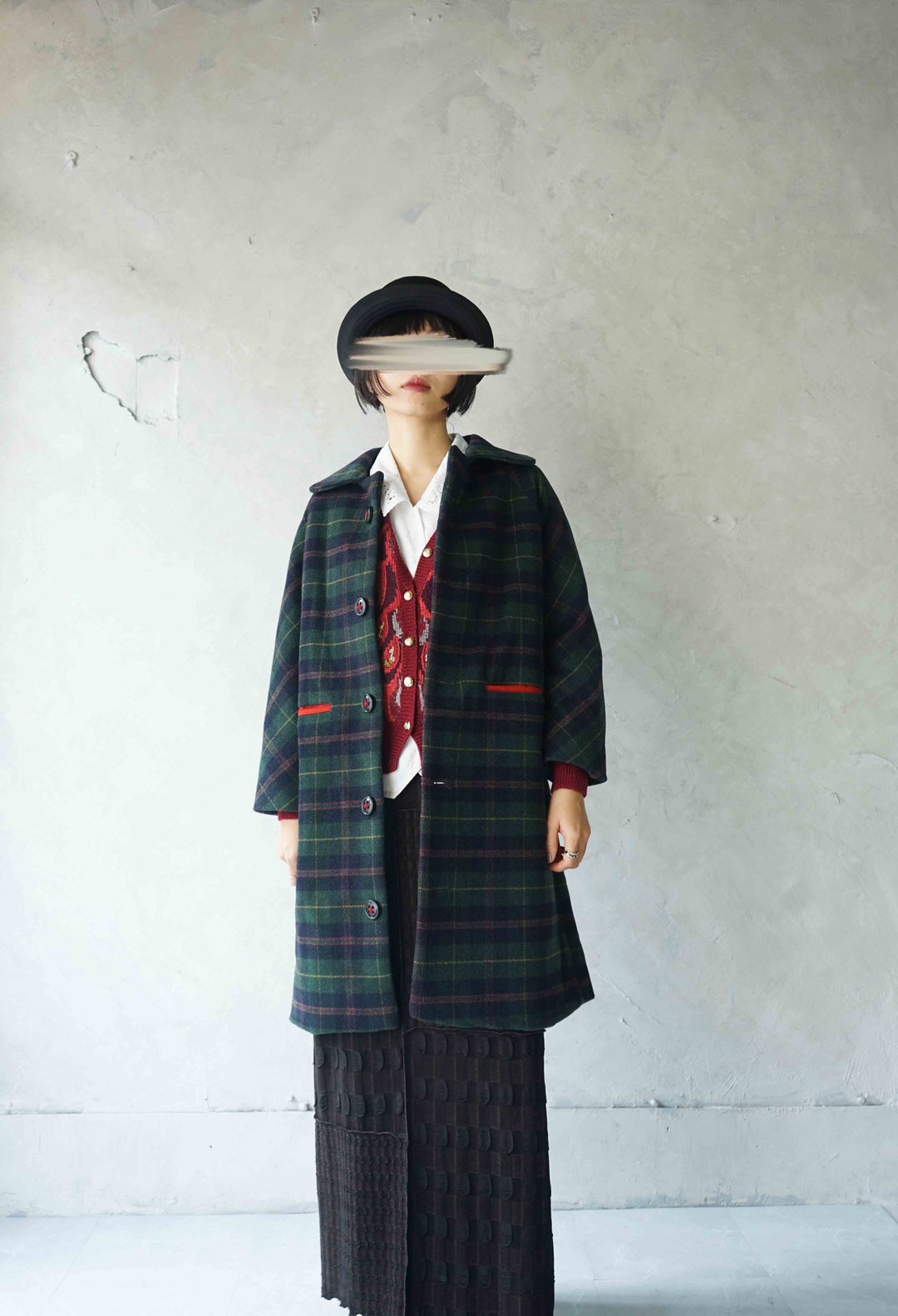 手作-学院风经典绿格纹一抹红口袋连袖毛料大衣外套 - 女装休闲/机能外套 - 羊毛 绿色