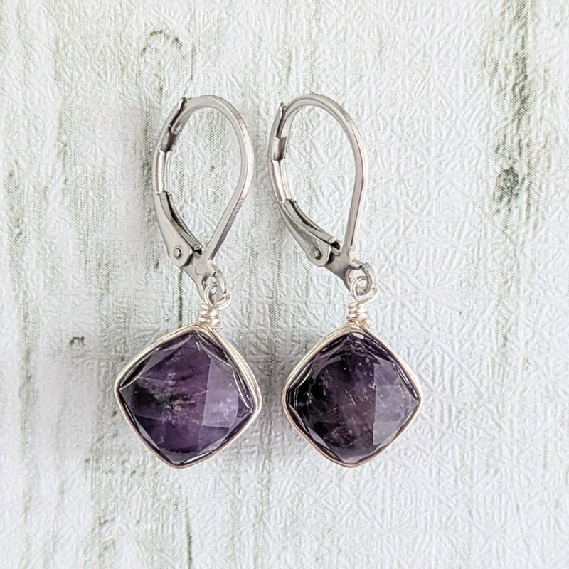 天然宝石耳环 紫水晶 - 耳环/耳夹 - 宝石 紫色