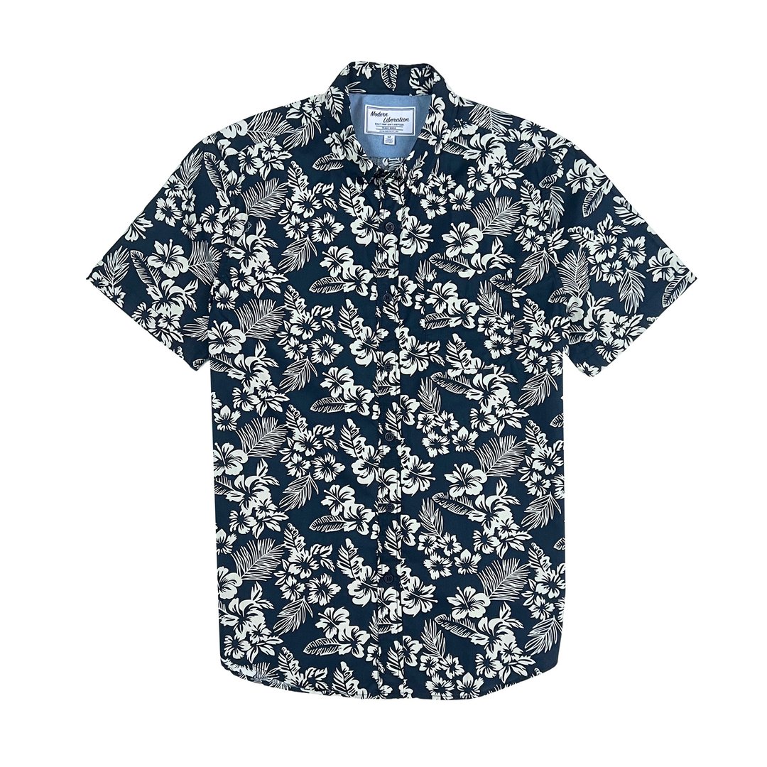 Men's Hibiscus Print Shirt 扶桑花衬衫 - 靛蓝 - 男装衬衫 - 棉 白色