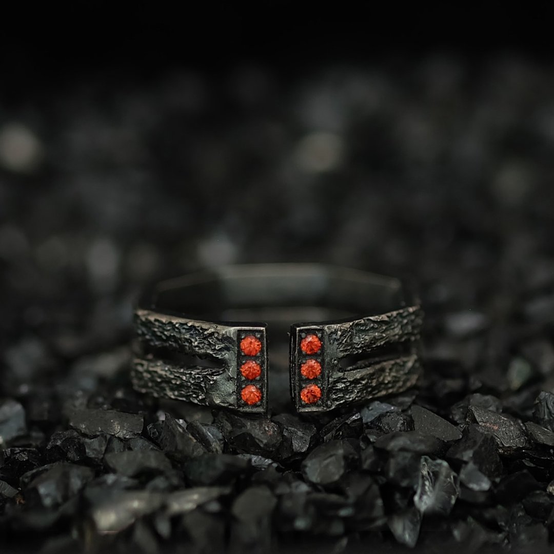 Fire Element stone ring - 对戒 - 纯银 黑色