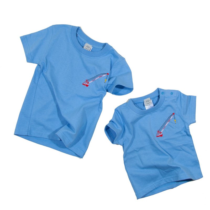 Pair coordination kids tower crane embroidery T-shirt - 女装 T 恤 - 棉．麻 蓝色