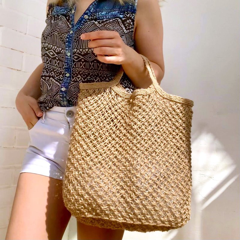 Eco jute mesh bag Macrame shopping tote bag Handwoven farmer handbag Net bag - 手提包/手提袋 - 棉 咖啡色