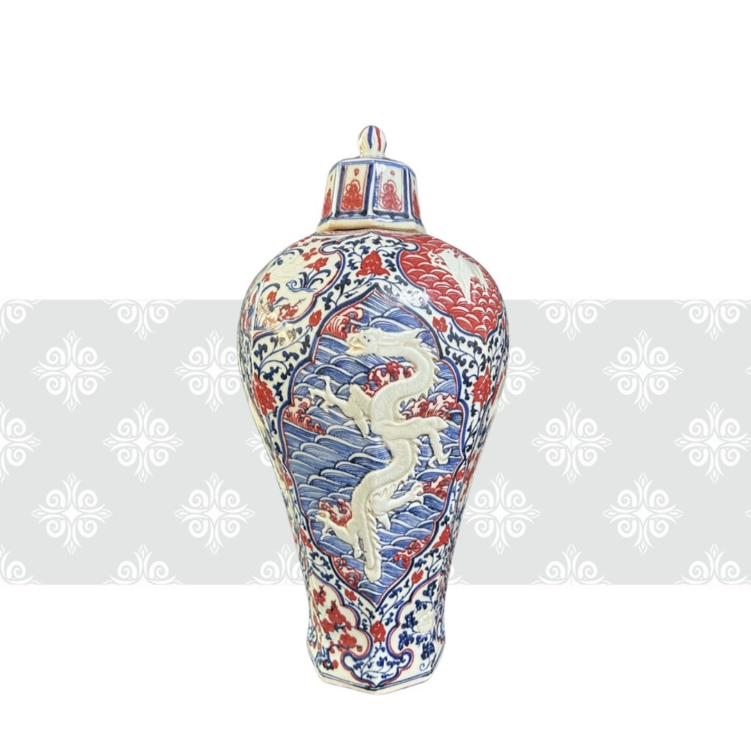 元 青花釉里红开光龙凤纹八棱梅瓶 - 花瓶/陶器 - 瓷 白色