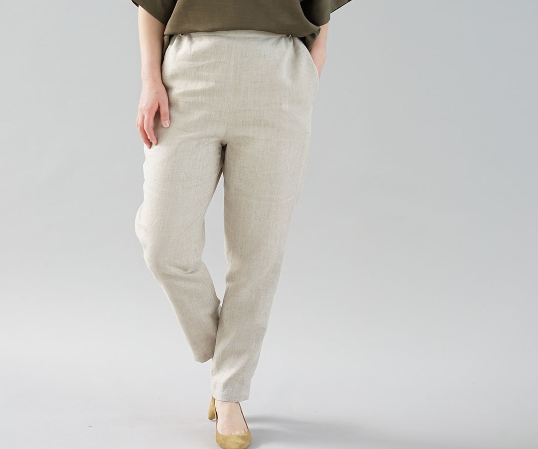 wafu Linen pants / long length / elastic waist of the back / baige  b010b-amn2 - 女装长裤 - 棉 卡其色