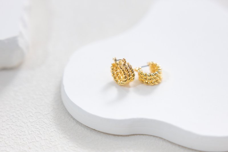 麻花圈圈型耳环 金色 - 耳环/耳夹 - 纯银 金色