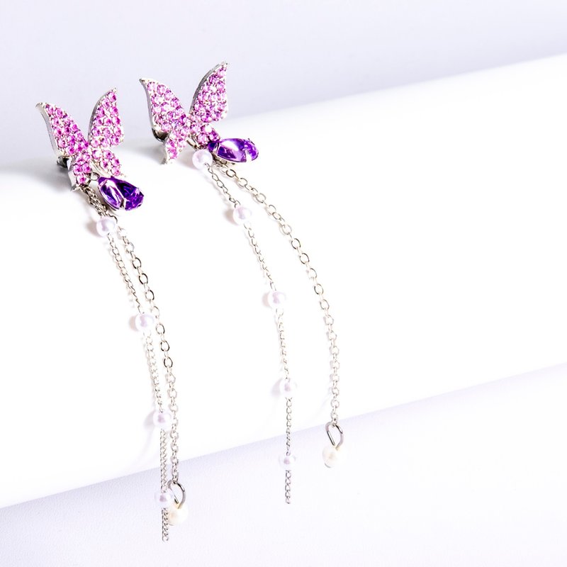 女士银紫蝴蝶吊耳环 - 耳环/耳夹 - 银 紫色