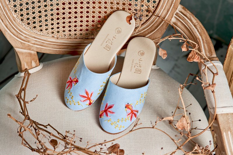 室内拖鞋 - 金玉满堂(水蓝色) - 室内拖鞋 - 棉．麻 蓝色