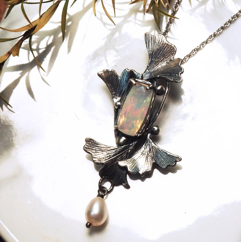 925银银杏蛋白石项链 - 项链 - 纯银 银色