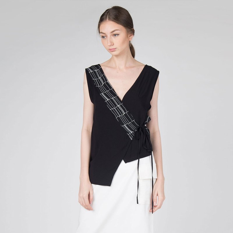 RAELIA PRINT PANEL WRAP TOP - 女装上衣 - 棉．麻 黑色