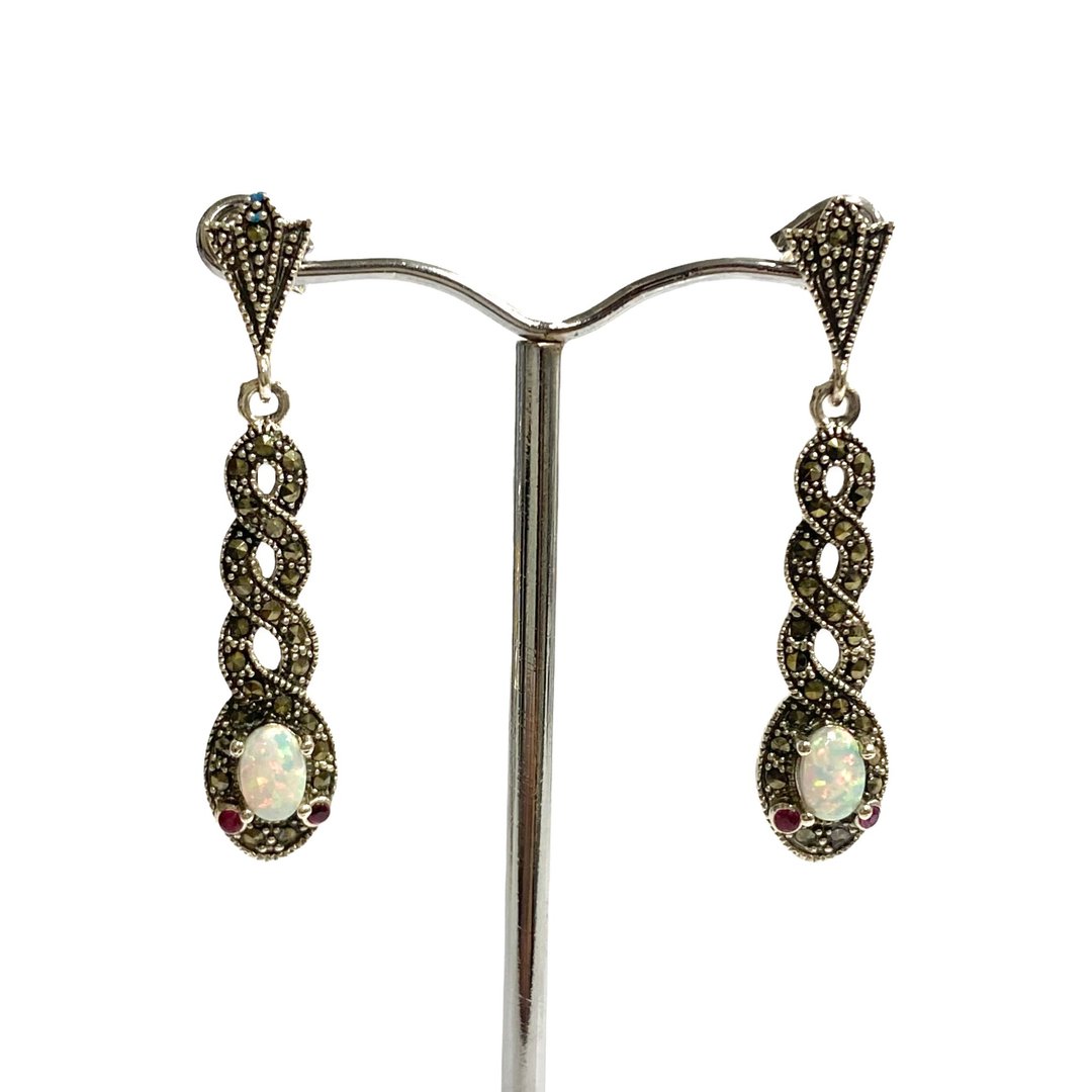 Art Deco Gilson Opal Snake Spiral Set Pendant and Earrings 925 Sterling Silver - 耳环/耳夹 - 纯银 银色