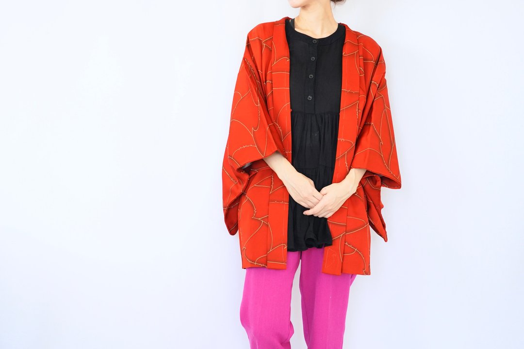 Japanese KIMONO, orange kimono, Vintage kimono, Kimono jacket - 女装休闲/机能外套 - 聚酯纤维 橘色