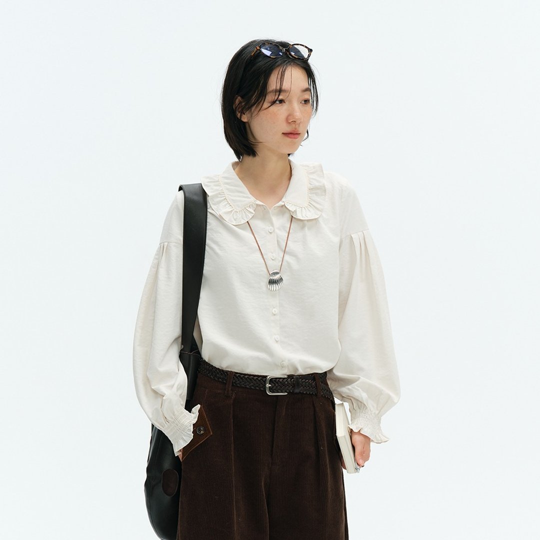 木耳边翻领衬衫|衬衫|秋款|Sora-1925 - 女装衬衫 - 其他人造纤维 白色