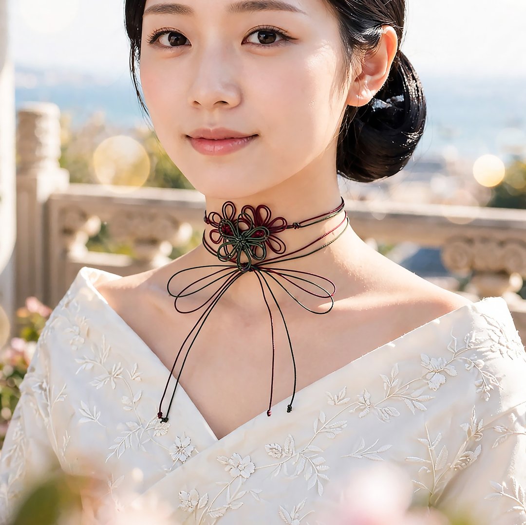 装饰绳结颈链 华丽魅惑【轻量】浴衣・和服・正式场合皆适用的双圈设计。 - 颈链 - 聚酯纤维 多色
