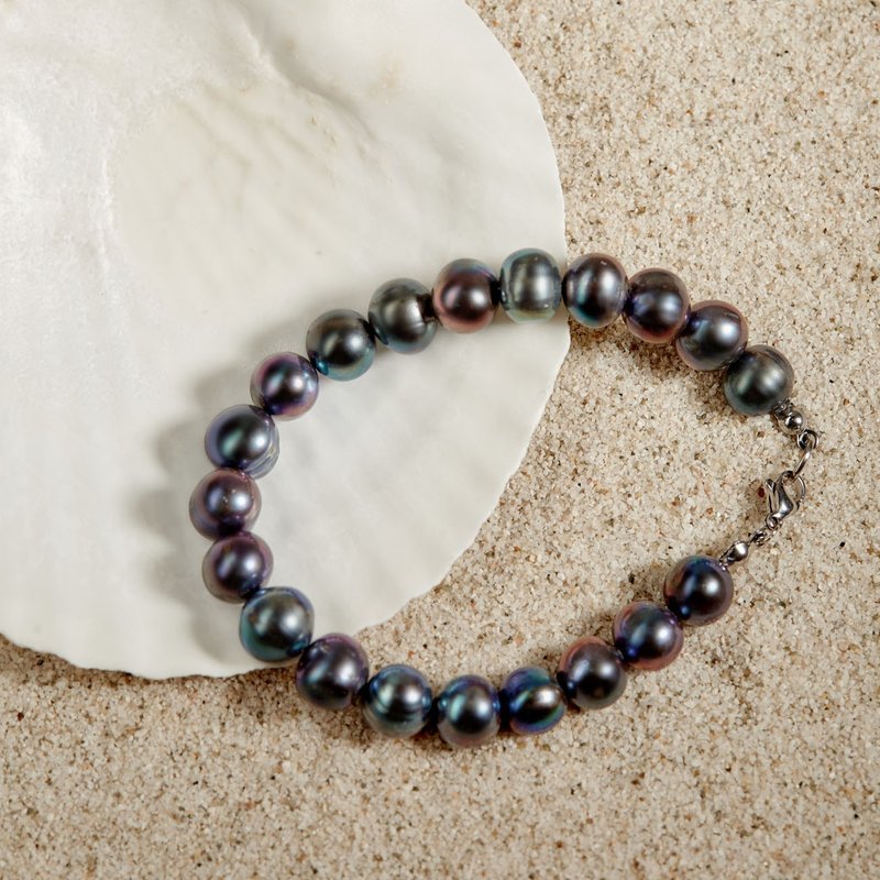 天然炫彩黑色淡水珍珠手链 9-10mm 银色龙虾扣 日系简洁 生日礼物 - 手链/手环 - 珍珠 黑色