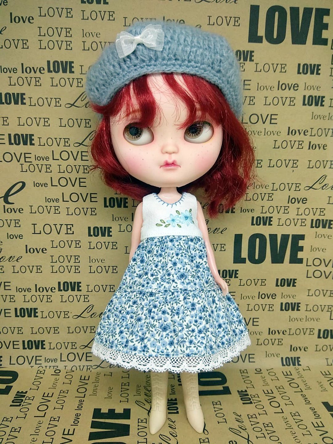 Embroidered dress and knitted hat for neo blythe dolls, Pullip. - 玩偶/公仔 - 棉．麻 蓝色