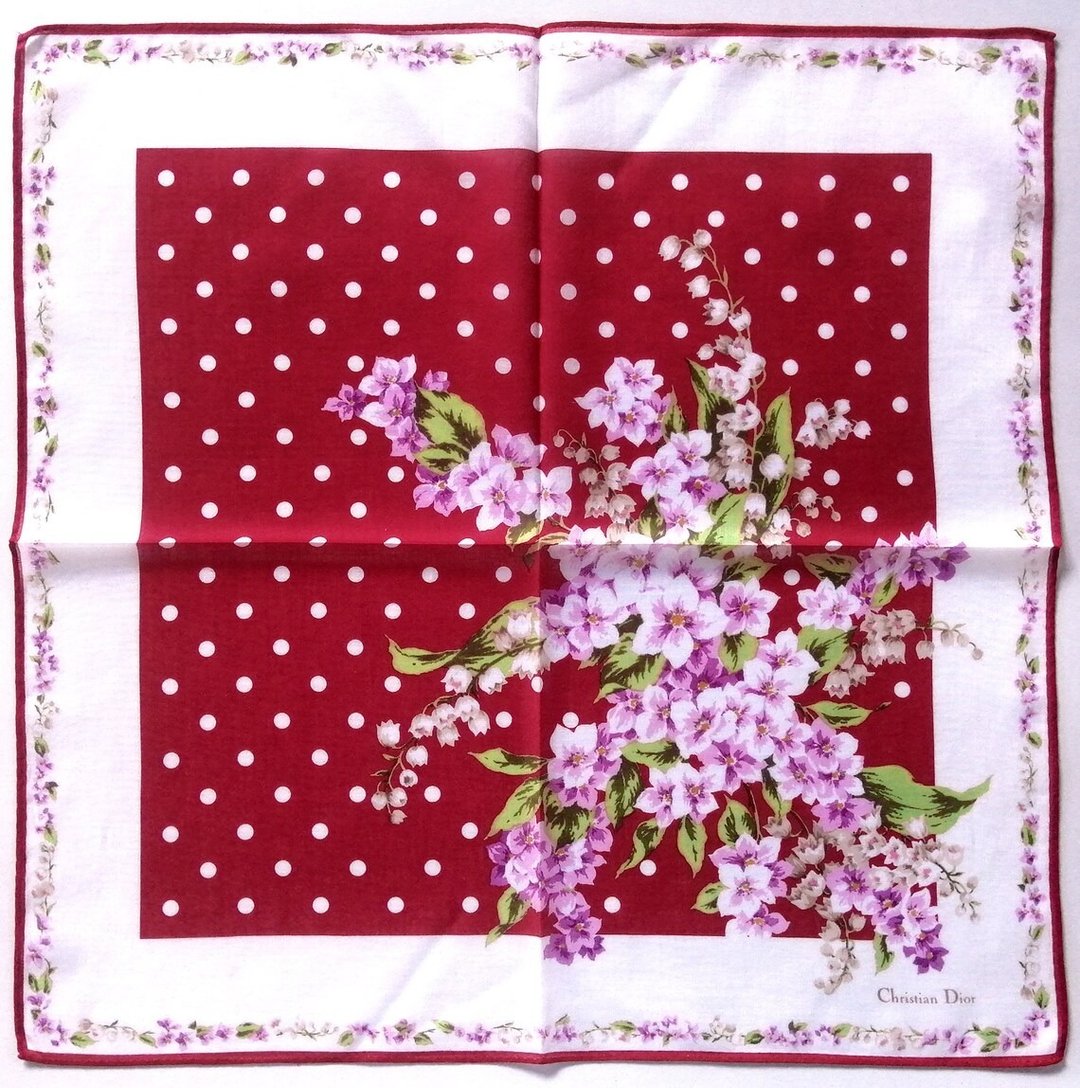 复古 Christian Dior 花卉手帕 红色圆点 纯棉 19 x 18 英寸 - 手帕/方巾 - 棉 红色