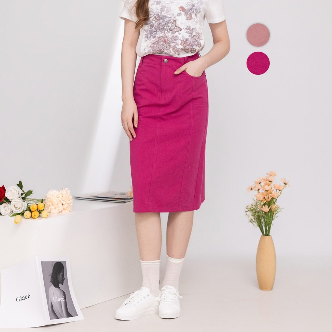 【MEDUSA】粉系修身牛仔包臀中长裙 - 2 色 (M-XL) | 天丝混纺 显瘦 - 裙子 - 棉．麻 粉红色