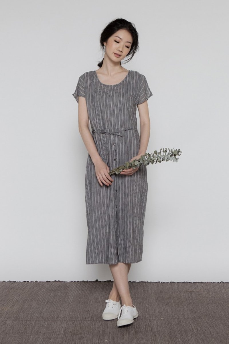 园艺植人闲适洋装 ( gardener cozy midi dress ) - 灰蓝条 - 洋装/连衣裙 - 棉．麻 