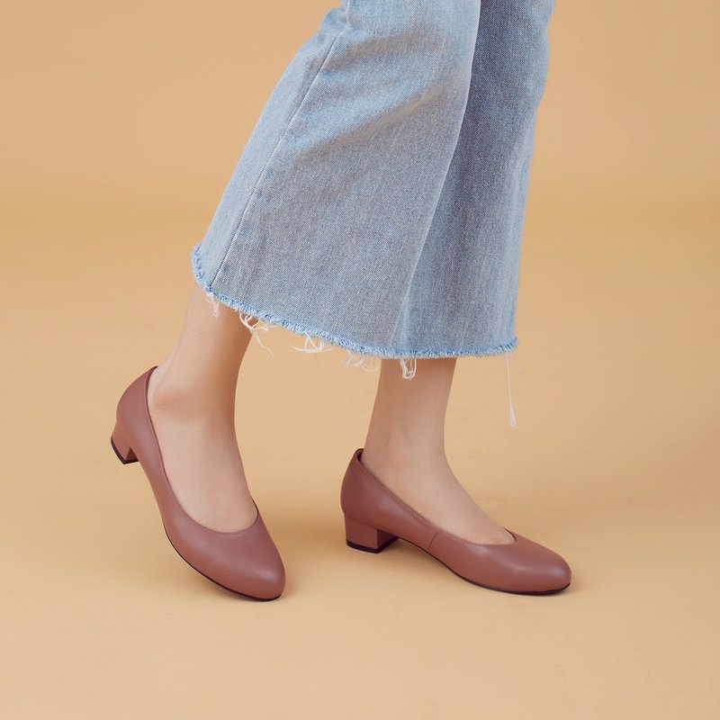 不磨脚!玫瑰褐-柔软羊皮低跟鞋 全真皮 - 高跟鞋 - 真皮 粉红色